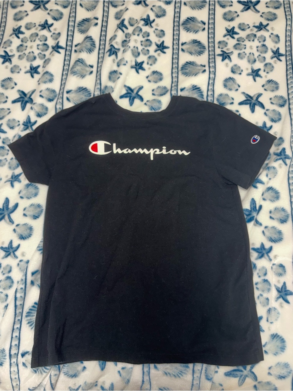 Champion Black Crewneck Tee with White Trim and Logo Tape